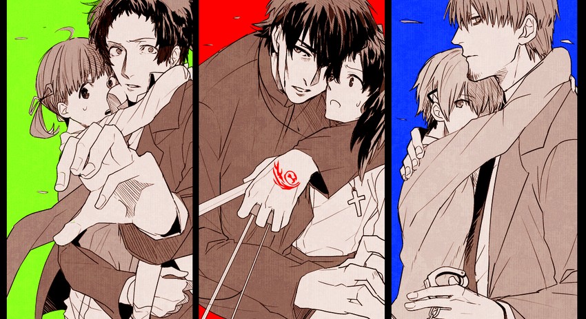 tohsaka rin, kotomine kirei, doujima nanako, adachi tooru, katsuragi yako, and 1 more (fate and 4 more) drawn by d_dat