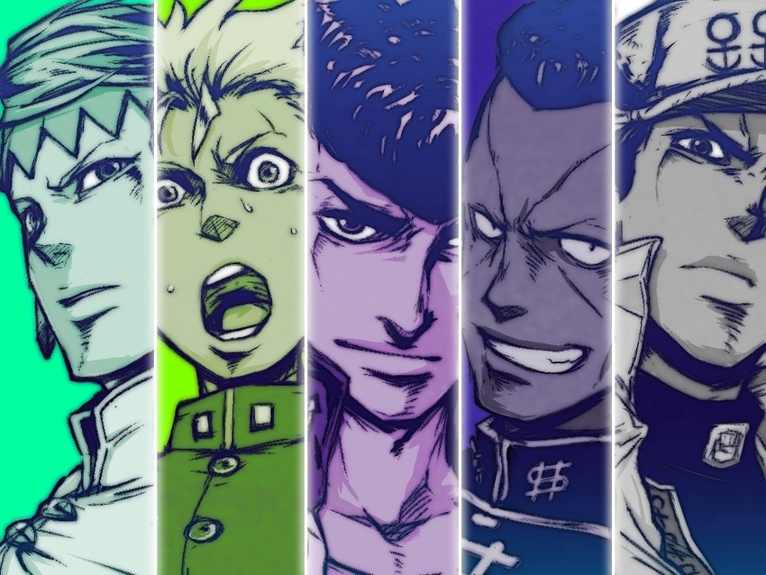 kujo jotaro, higashikata josuke, kishibe rohan, nijimura okuyasu, and hirose koichi (jojo no kimyou na bouken and 1 more) drawn by kemachiku