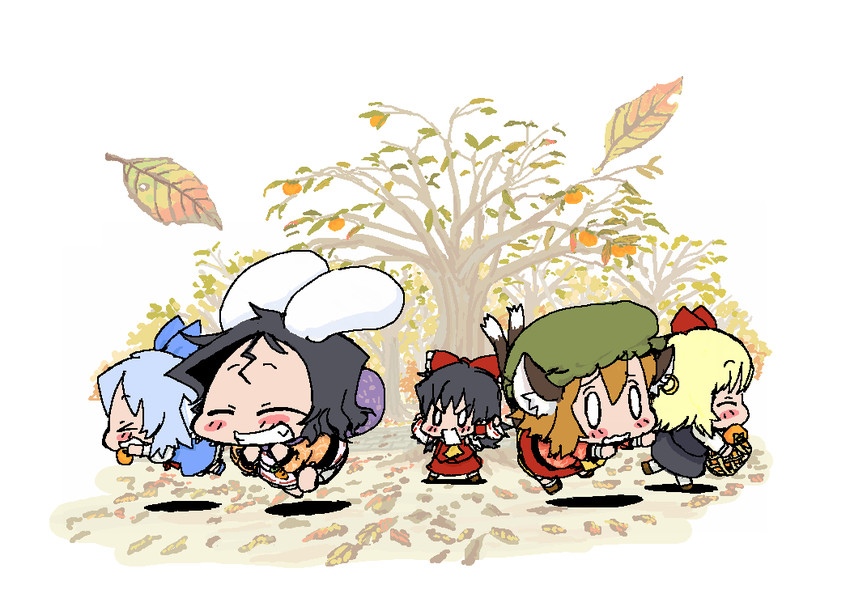 hakurei reimu, cirno, rumia, chen, and inaba tewi (touhou) drawn by baku_taso