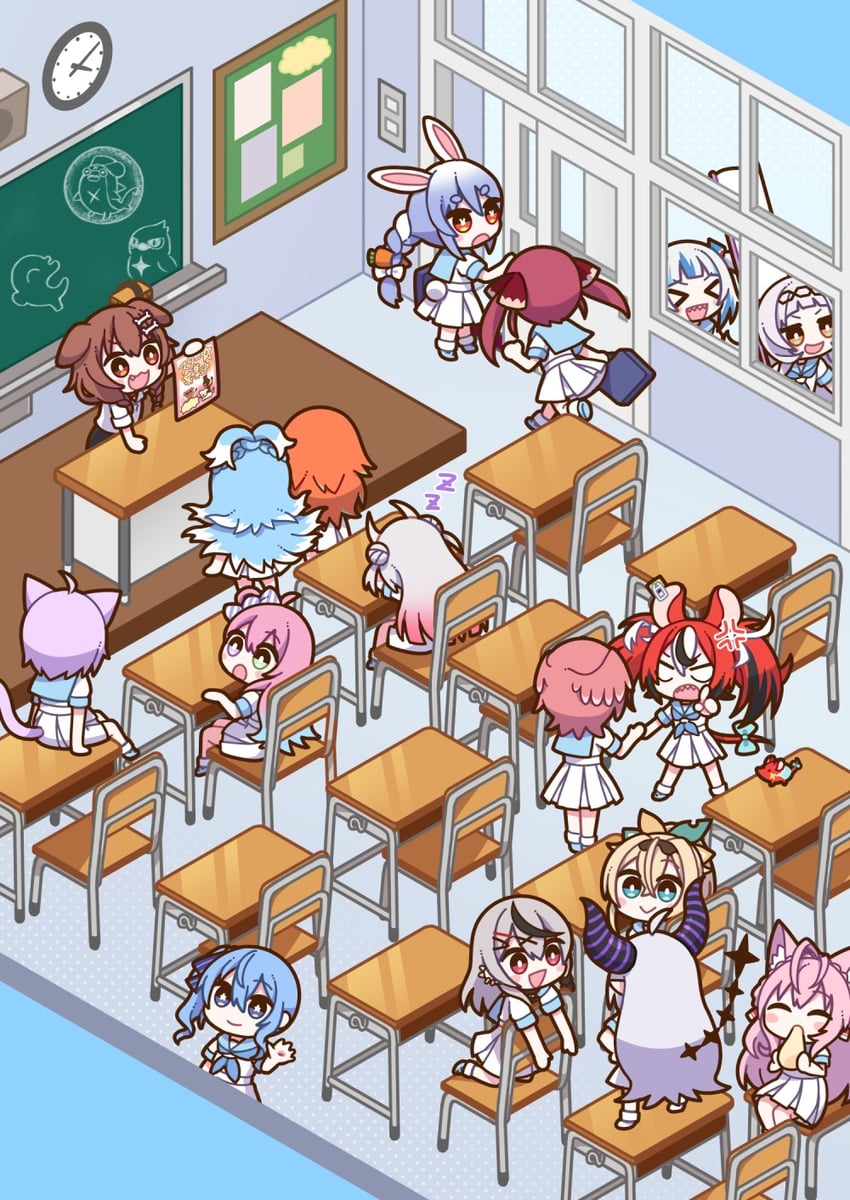 gawr gura, houshou marine, hoshimachi suisei, usada pekora, nekomata okayu, and 16 more (hololive and 3 more) drawn by ohu_(kagemaru)