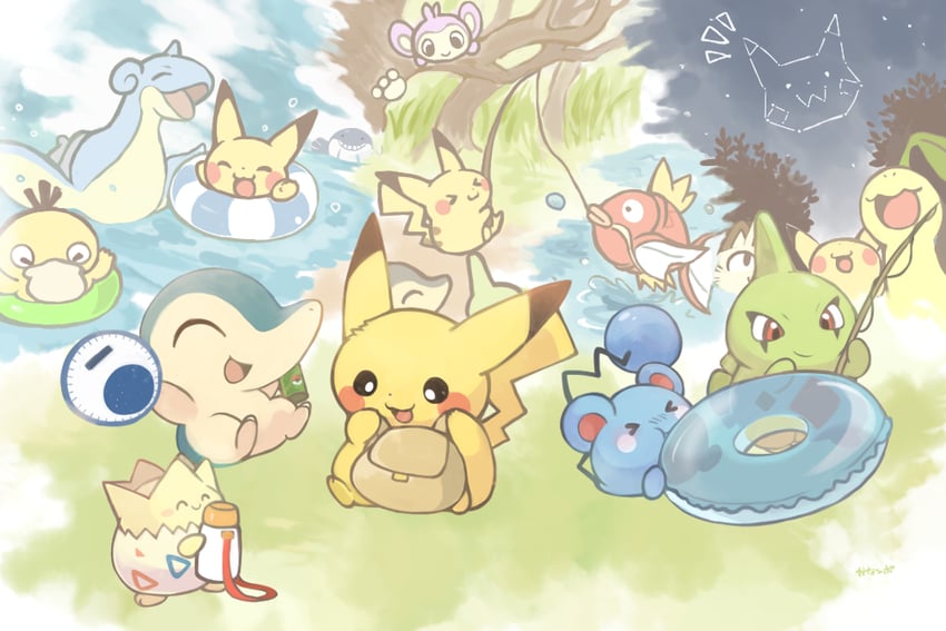 pikachu, cyndaquil, meowth, psyduck, lapras, and 7 more (pokemon) drawn by konanbo