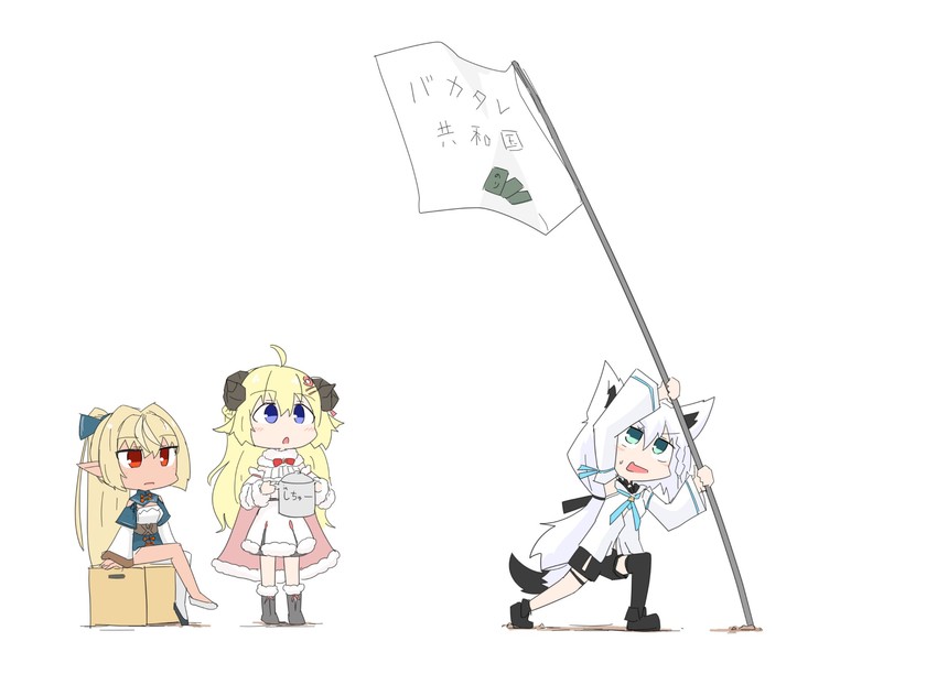 shirakami fubuki, shiranui flare, and tsunomaki watame (hololive) drawn by kuroshiro1011
