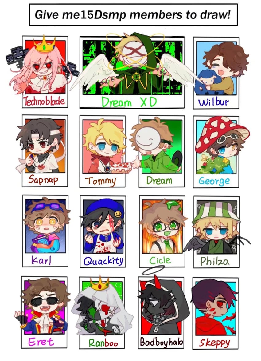 technoblade, ranboo, quackity, wilbur soot, ph1lza, and 13 more (minecraft and 3 more) drawn by wangling_yinduren