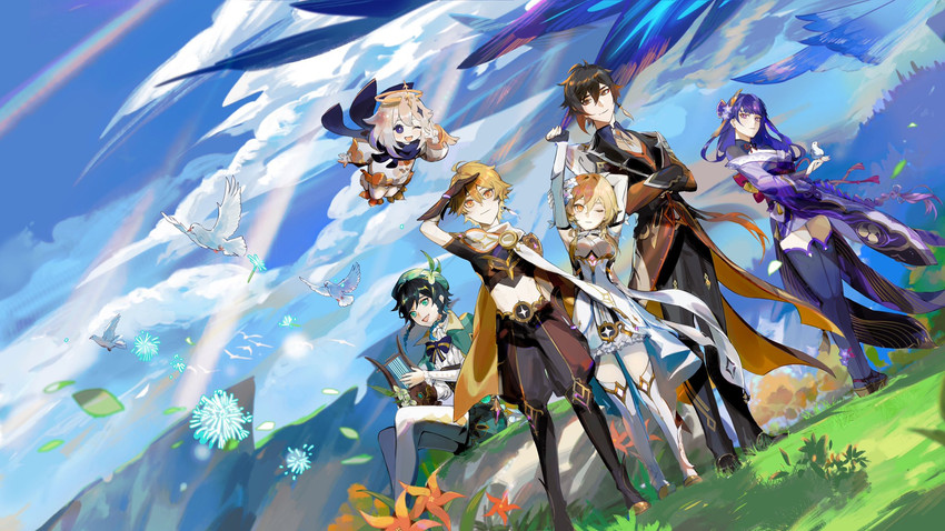 lumine, raiden shogun, aether, zhongli, venti, and 2 more (genshin impact) drawn by esz_(bzsaro01)