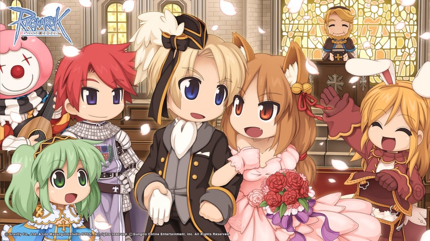 arch bishop, poring, knight, merchant, minstrel, and 1 more (ragnarok online) drawn by yuichirou