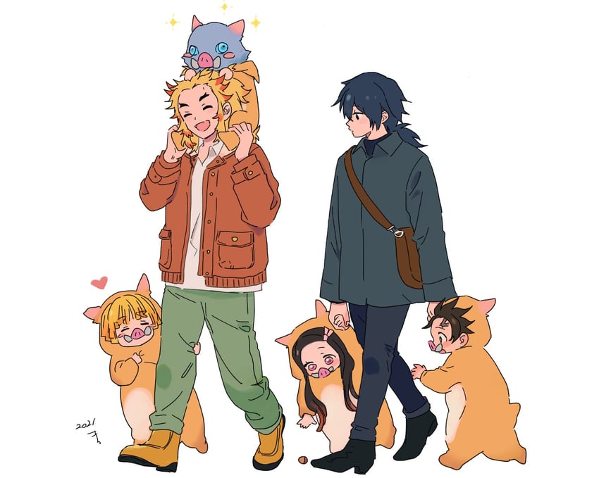 kamado nezuko, kamado tanjirou, rengoku kyoujurou, tomioka giyuu, agatsuma zenitsu, and 1 more (kimetsu no yaiba) drawn by kotone_ranmaru