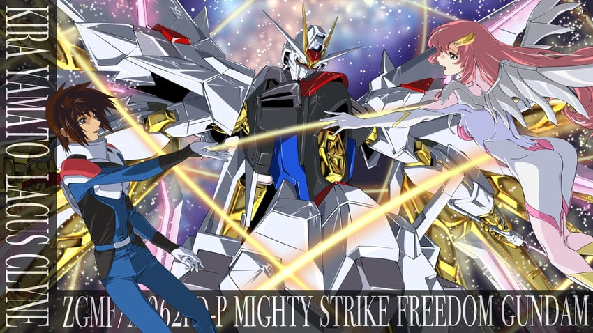 lacus clyne, kira yamato, and mighty strike freedom gundam (gundam and 2 more) drawn by shibukawa_daisuke