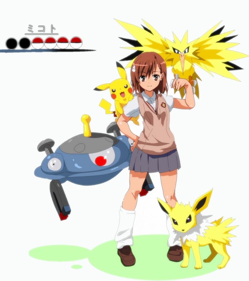 pikachu, misaka mikoto, jolteon, zapdos, and magnezone (pokemon and 2 more) drawn by momoiro_tanuki
