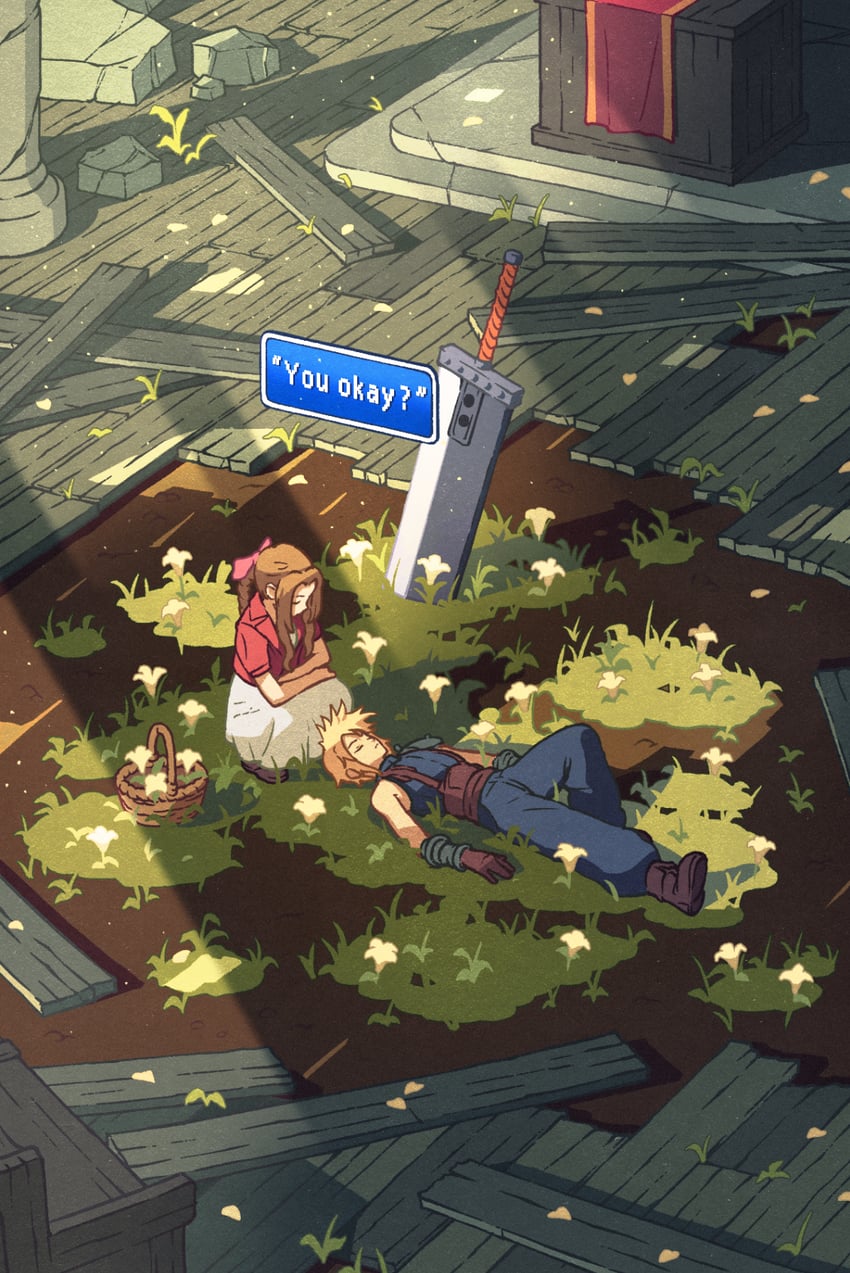 cloud strife and aerith gainsborough (final fantasy and 1 more) drawn by kevin_hong