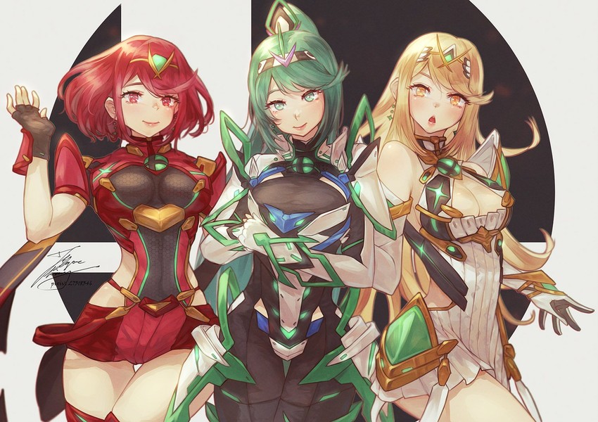 pyra, mythra, and pneuma (xenoblade chronicles and 2 more) drawn by fadingz