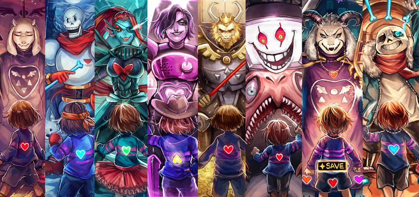 frisk, sans, papyrus, undyne, toriel, and 8 more (undertale) drawn by k_ptn