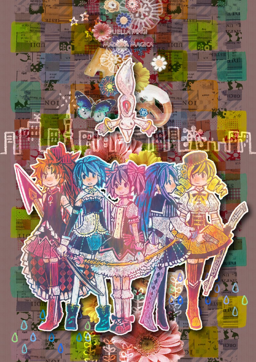 akemi homura, kaname madoka, miki sayaka, sakura kyoko, tomoe mami, and 1 more (mahou shoujo madoka magica) drawn by tokucina