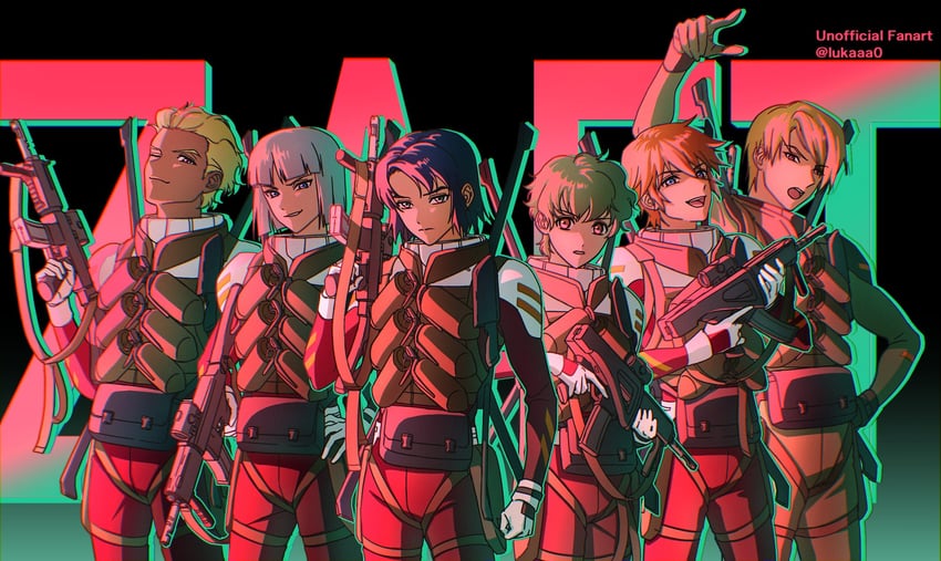 athrun zala, dearka elsman, yzak joule, nicol amafli, miguel aiman, and 1 more (gundam and 1 more) drawn by lukaaa