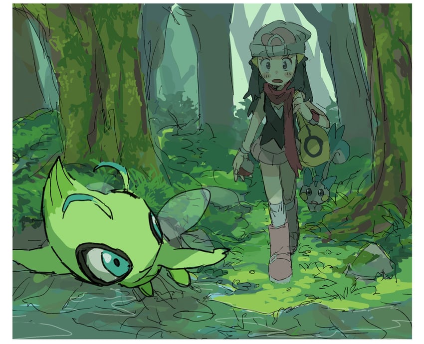 dawn, pachirisu, and celebi (pokemon and 1 more) drawn by yusho_(ossm03)