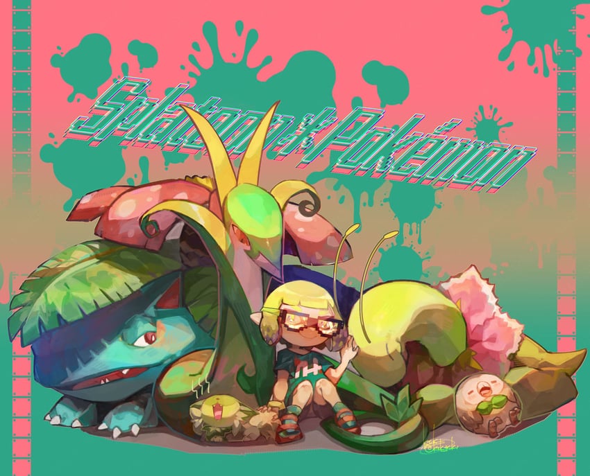 inkling player character, inkling girl, rowlet, sprigatito, venusaur, and 2 more (pokemon and 2 more) drawn by tatibana-tsuki