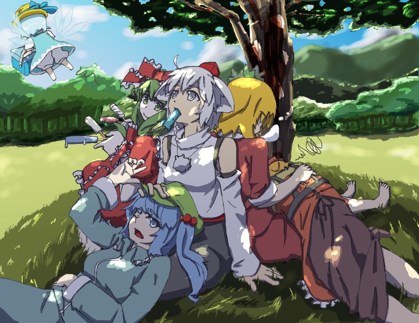 cirno, inubashiri momiji, kawashiro nitori, kagiyama hina, aki minoriko, and 1 more (touhou) drawn by hihachi