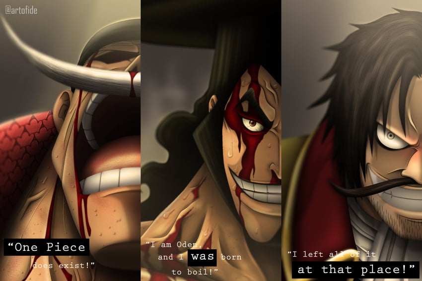 gol d. roger, edward newgate, and kouzuki oden (one piece) drawn by artofide