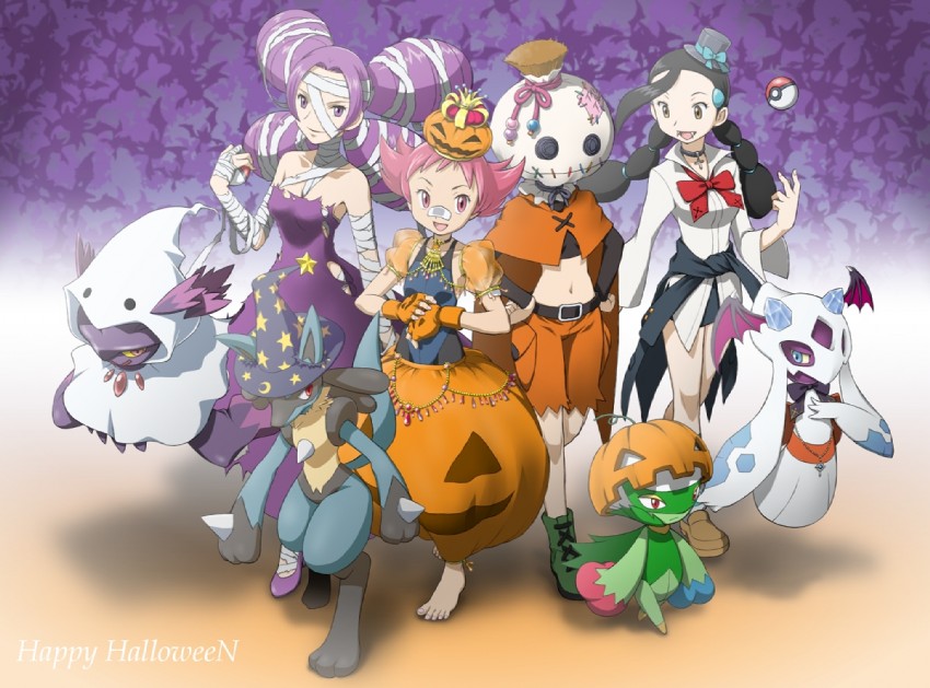 lucario, mismagius, froslass, gardenia, candice, and 3 more (pokemon and 1 more) drawn by rendo