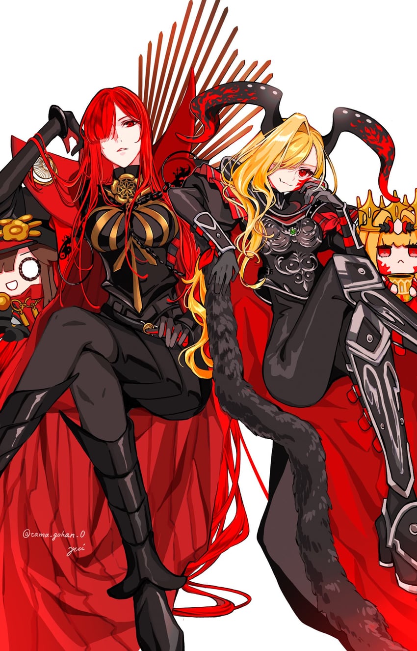 nero claudius, oda nobunaga, queen draco, and mini nobu (fate and 1 more) drawn by yui_(tamagohan)