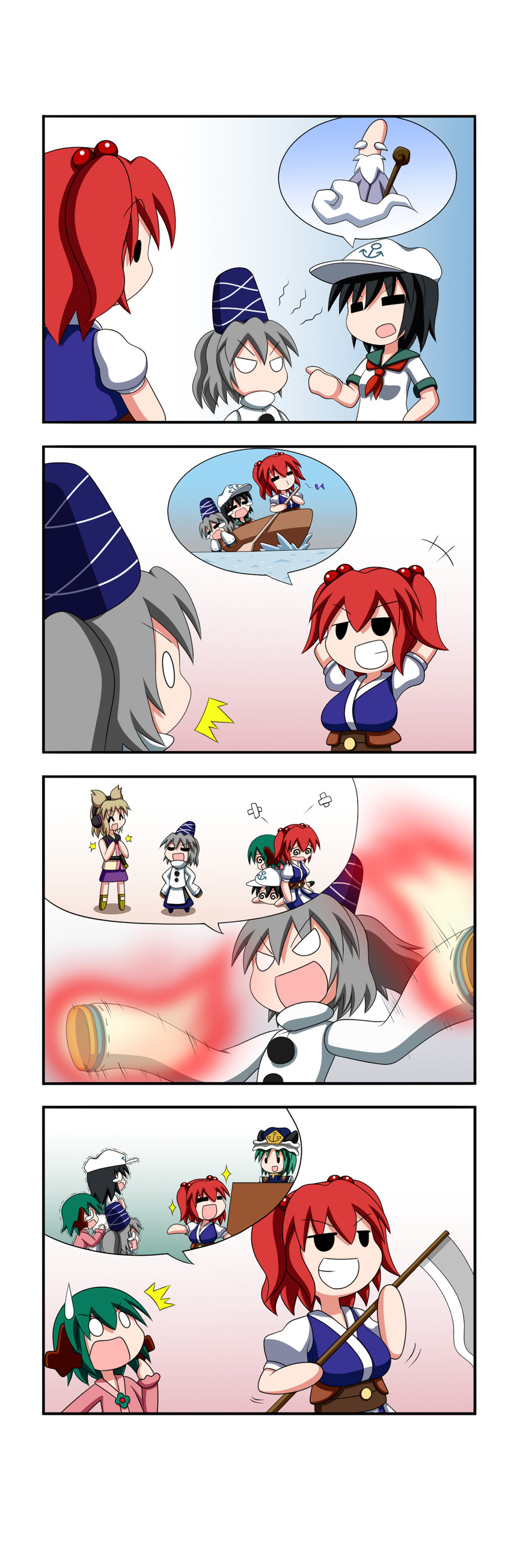 toyosatomimi no miko, mononobe no futo, shiki eiki, onozuka komachi, murasa minamitsu, and 1 more (touhou) drawn by rakugaki-biyori