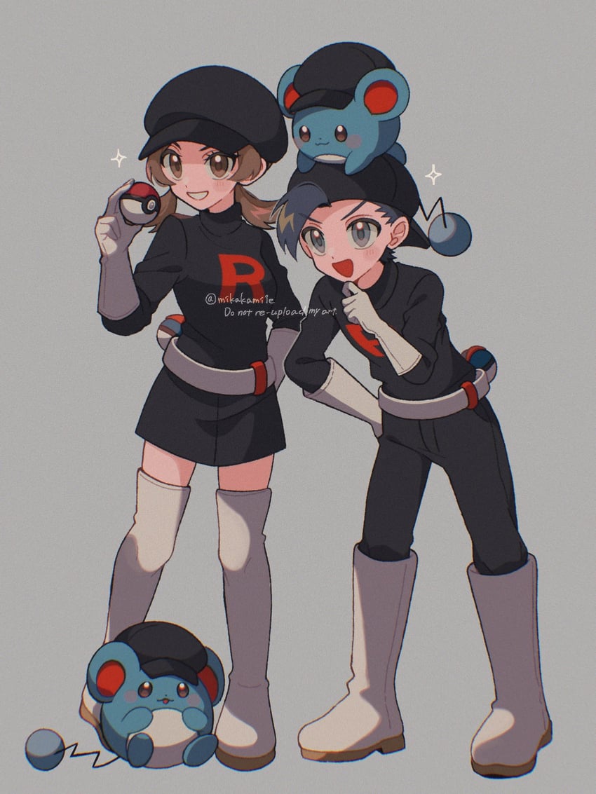 ethan, lyra, and marill (pokemon and 1 more) drawn by mikakami1e