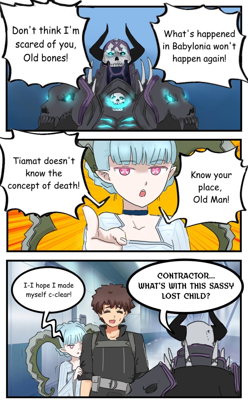 fujimaru ritsuka, king hassan, tiamat, larva tiamat, and yuuki aoi (fate and 2 more) drawn by raskasar