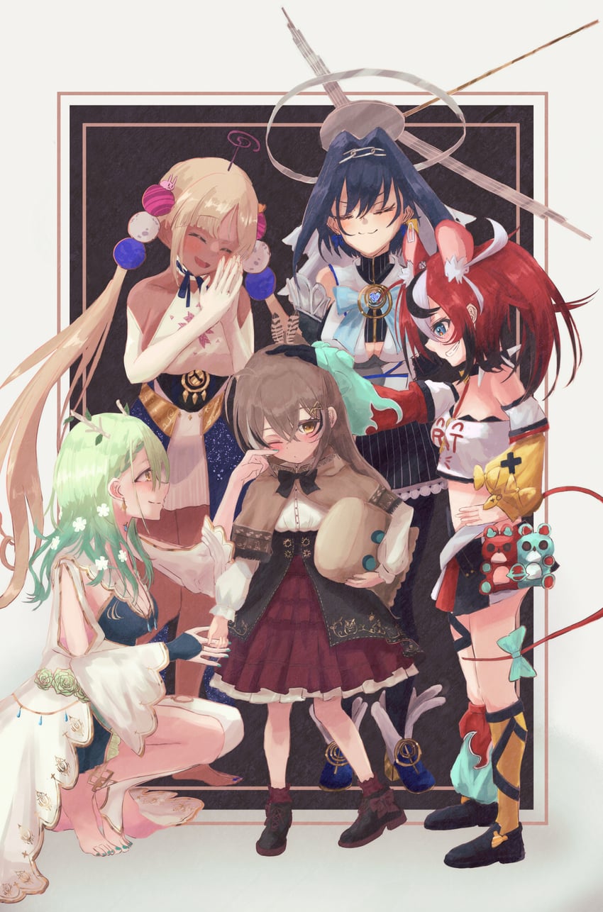 ouro kronii, nanashi mumei, hakos baelz, ceres fauna, tsukumo sana, and 1 more (hololive and 1 more) drawn by varsoligt