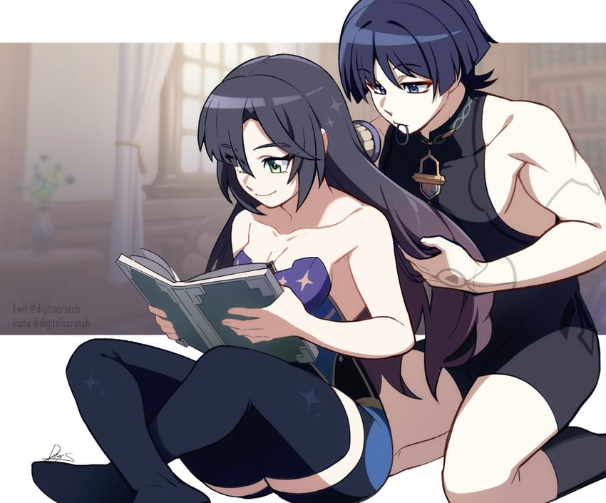 scaramouche, wanderer, and mona (genshin impact) drawn by digitalscratch