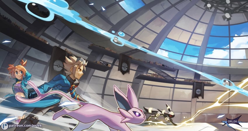 umbreon, espeon, wes, and rui (pokemon and 1 more) drawn by orlek