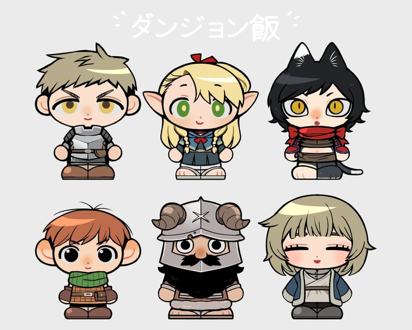 marcille donato, falin touden, laios touden, senshi, chilchuck tims, and 1 more (dungeon meshi) drawn by jjjjtaaaku