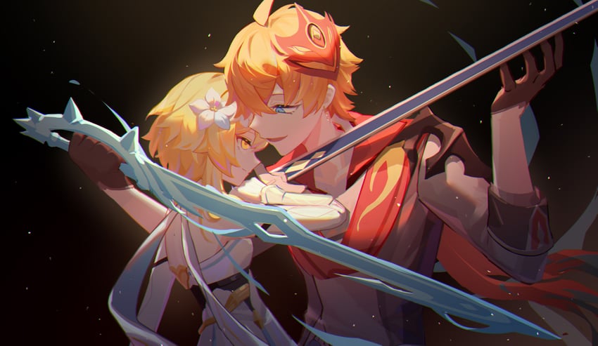 lumine and tartaglia (genshin impact) drawn by 1109285578