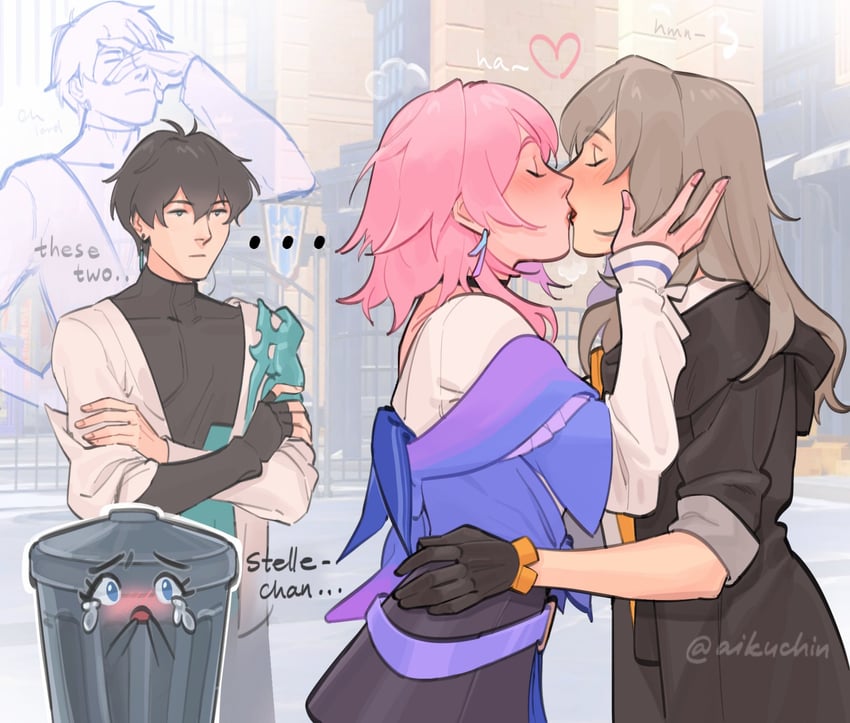 trailblazer, stelle, march 7th, and dan heng (honkai and 1 more) drawn by aikuchin