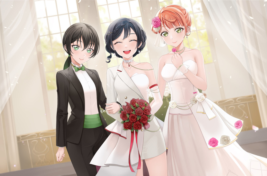 yuki setsuna, uehara ayumu, and takasaki yu (love live! and 1 more) drawn by akaisu