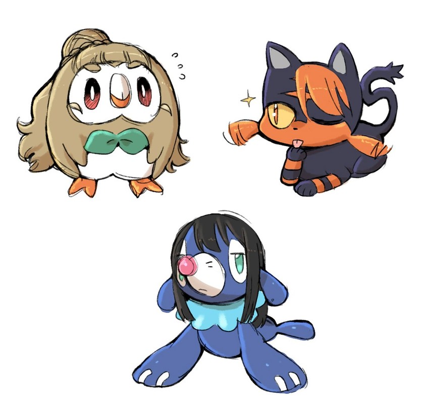 shibuya rin, rowlet, hojo karen, kamiya nao, popplio, and 1 more (pokemon and 3 more) drawn by orange_maru