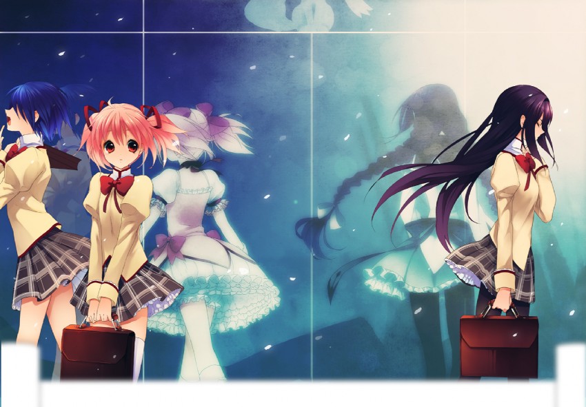 akemi homura, kaname madoka, miki sayaka, and kyubey (mahou shoujo madoka magica) drawn by etomai
