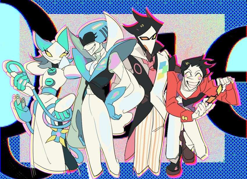 spamton g. spamton, tasque manager, queen, and swatchling (deltarune) drawn by yaksa_del