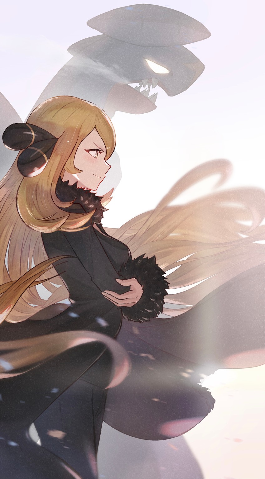 cynthia and garchomp (pokemon and 1 more) drawn by odd_(hin_yari)