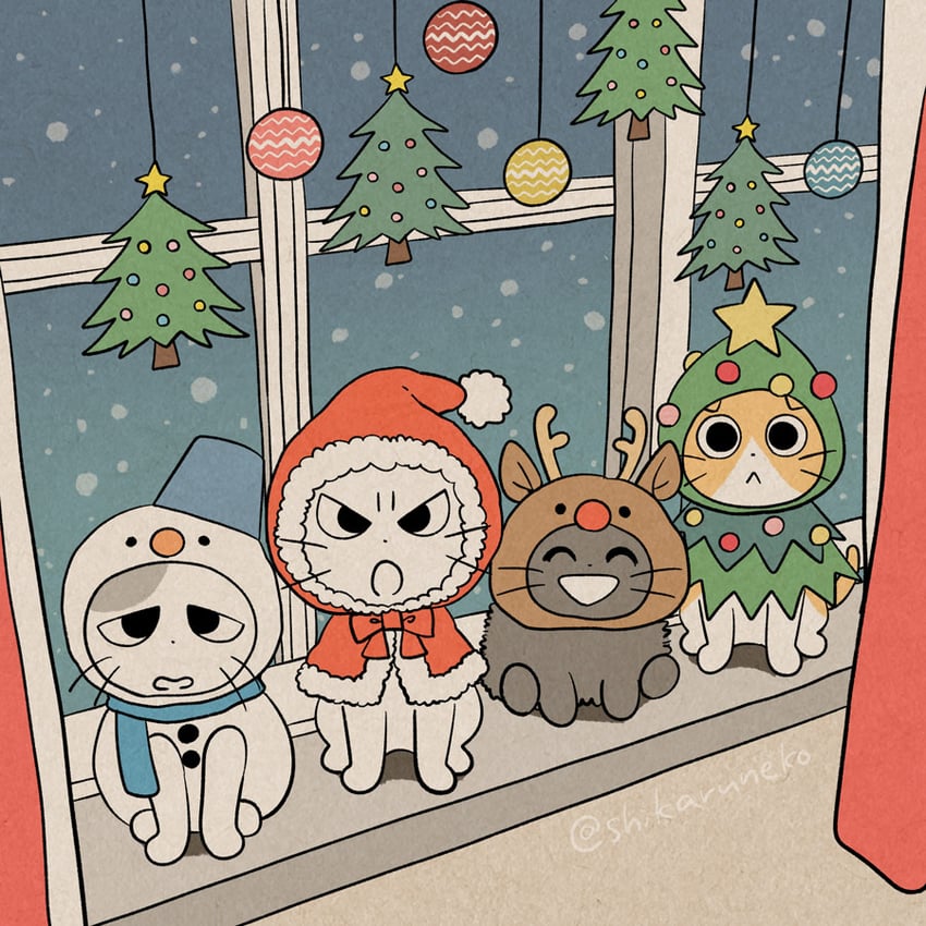shikaru neko, amayakasu neko, ureu neko, and nagameru neko (shikaru neko) drawn by mojacookie