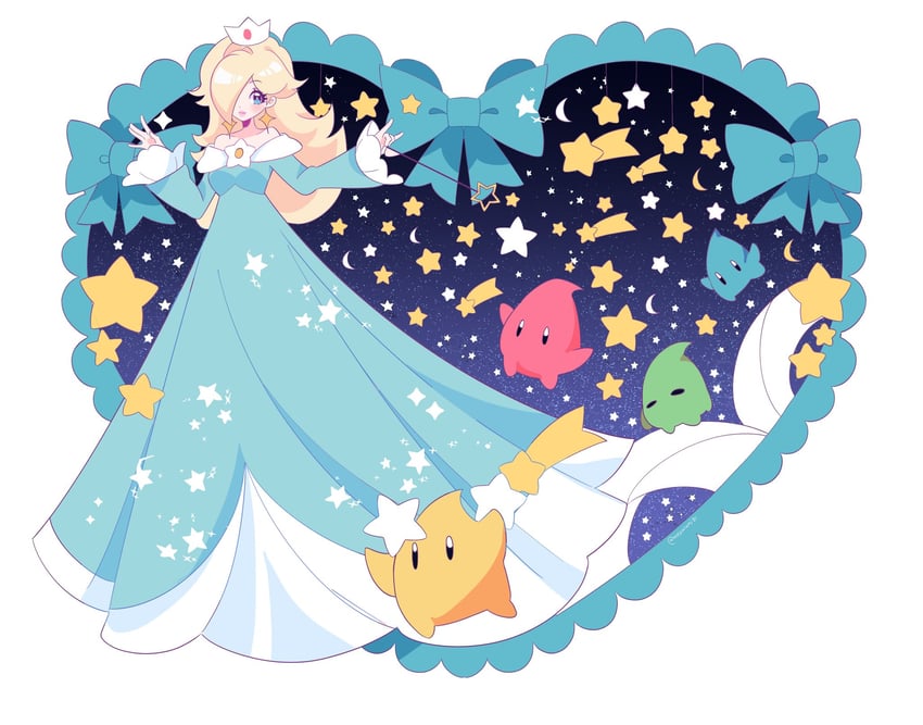 rosalina, luma, blue luma, red luma, and green luma (mario) drawn by meowwniz