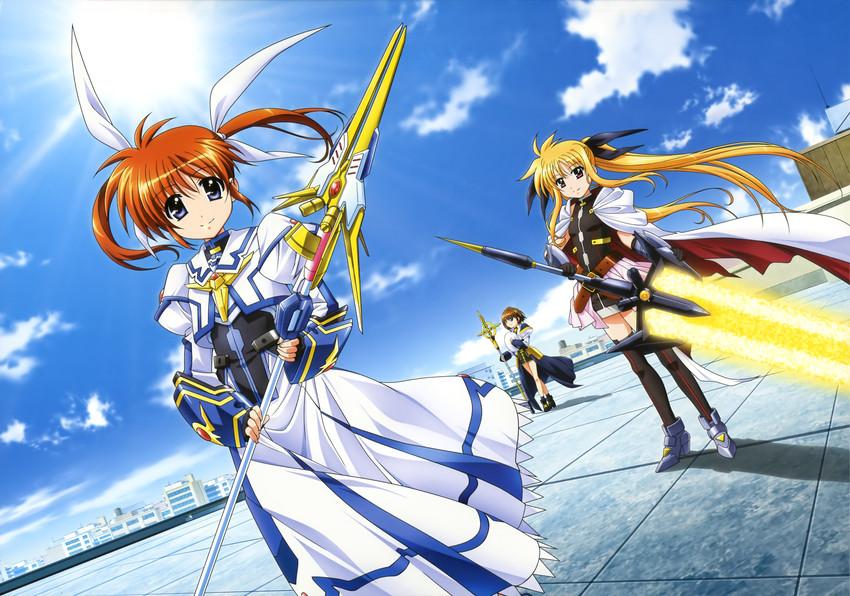 fate testarossa, takamachi nanoha, yagami hayate, raising heart, bardiche, and 1 more (lyrical nanoha and 3 more) drawn by okuda_yasuhiro