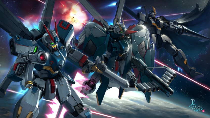 crossbone gundam x-1, crossbone gundam x-2, crossbone gundam x-1 full cloth, and crossbone gundam x-3 (gundam and 1 more) drawn by duan_henglong
