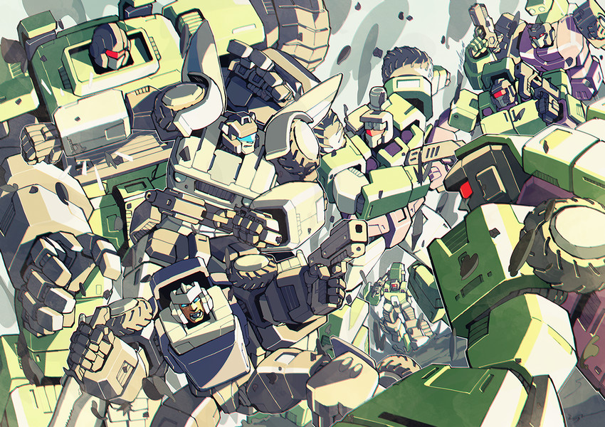 jazz, mixmaster, scrapper, bonecrusher, hook, and 3 more (transformers and 1 more) drawn by borezet