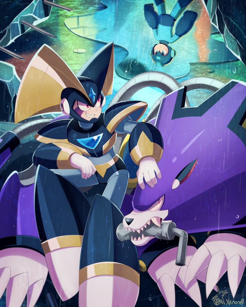 mega man, bass, and treble (mega man) drawn by xenon_(xenonb)