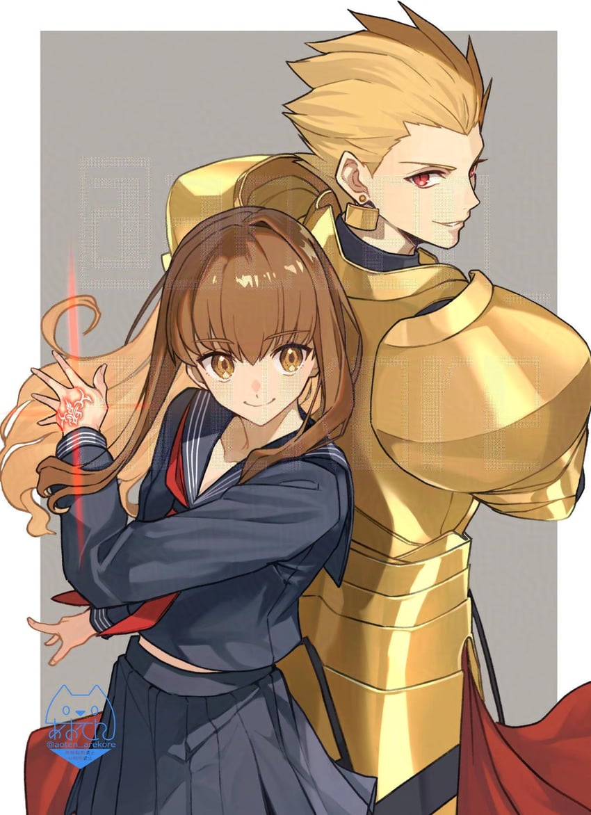gilgamesh and kishinami hakuno (fate and 1 more) drawn by aoten_(aoiroarekore)