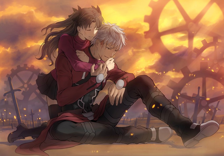 tohsaka rin and archer (fate and 1 more) drawn by mondi_hl