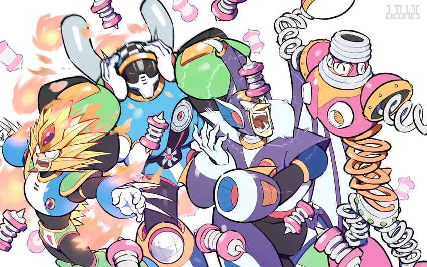 turbo man, shade man, slash man, and spring man (mega man and 1 more) drawn by tsuchibori