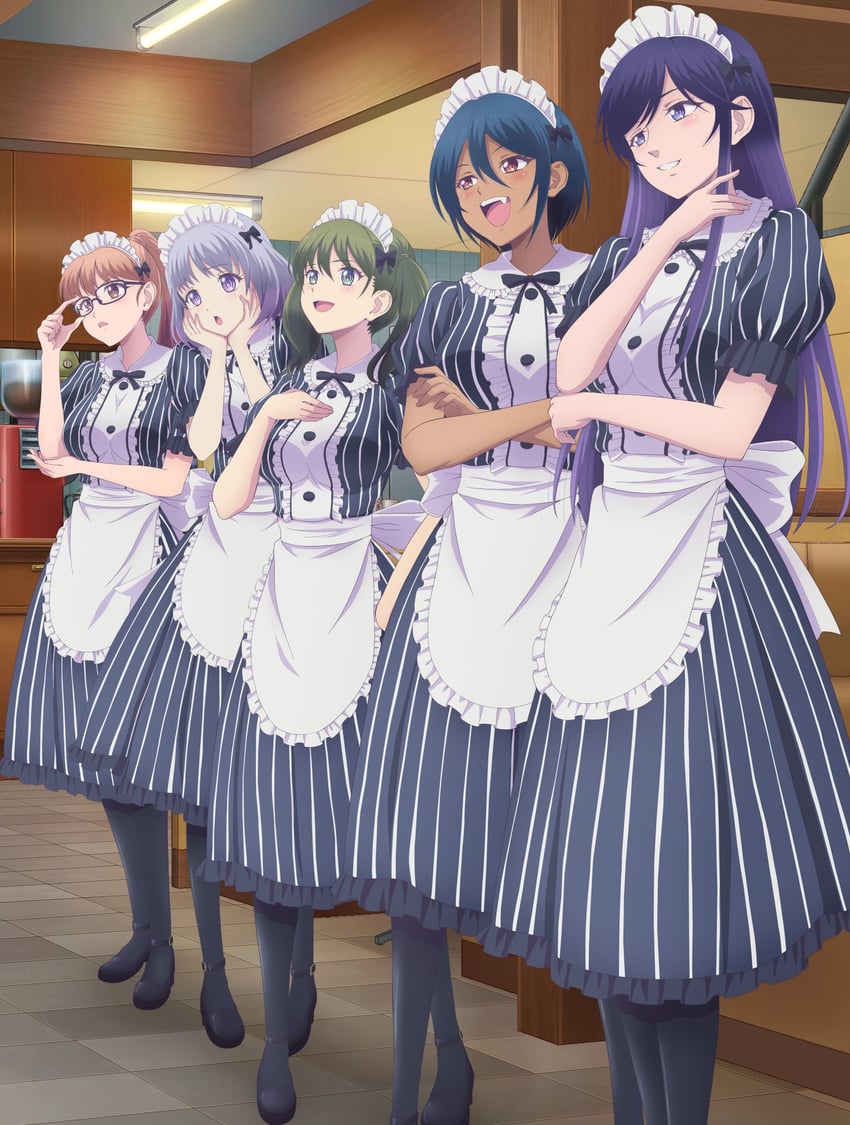 takasaki mao, chiyoda ririka, yoshino hekiru, souya moemi, and azuma valentina (megami no cafe terrace)
