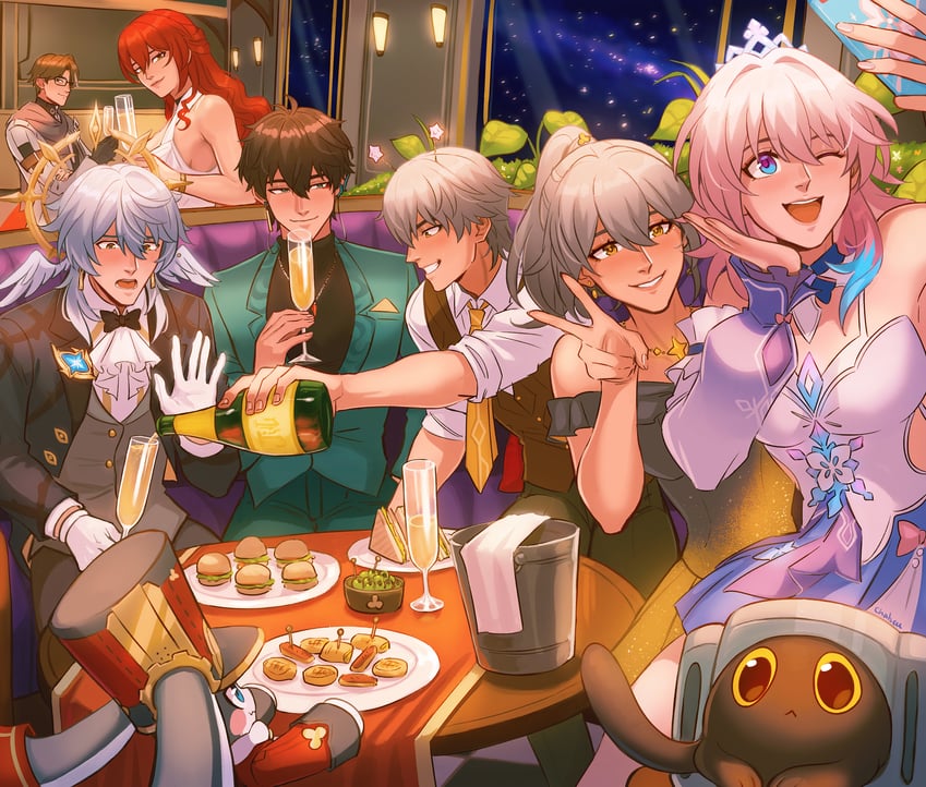 trailblazer, stelle, march 7th, caelus, dan heng, and 4 more (honkai and 1 more) drawn by chalseu