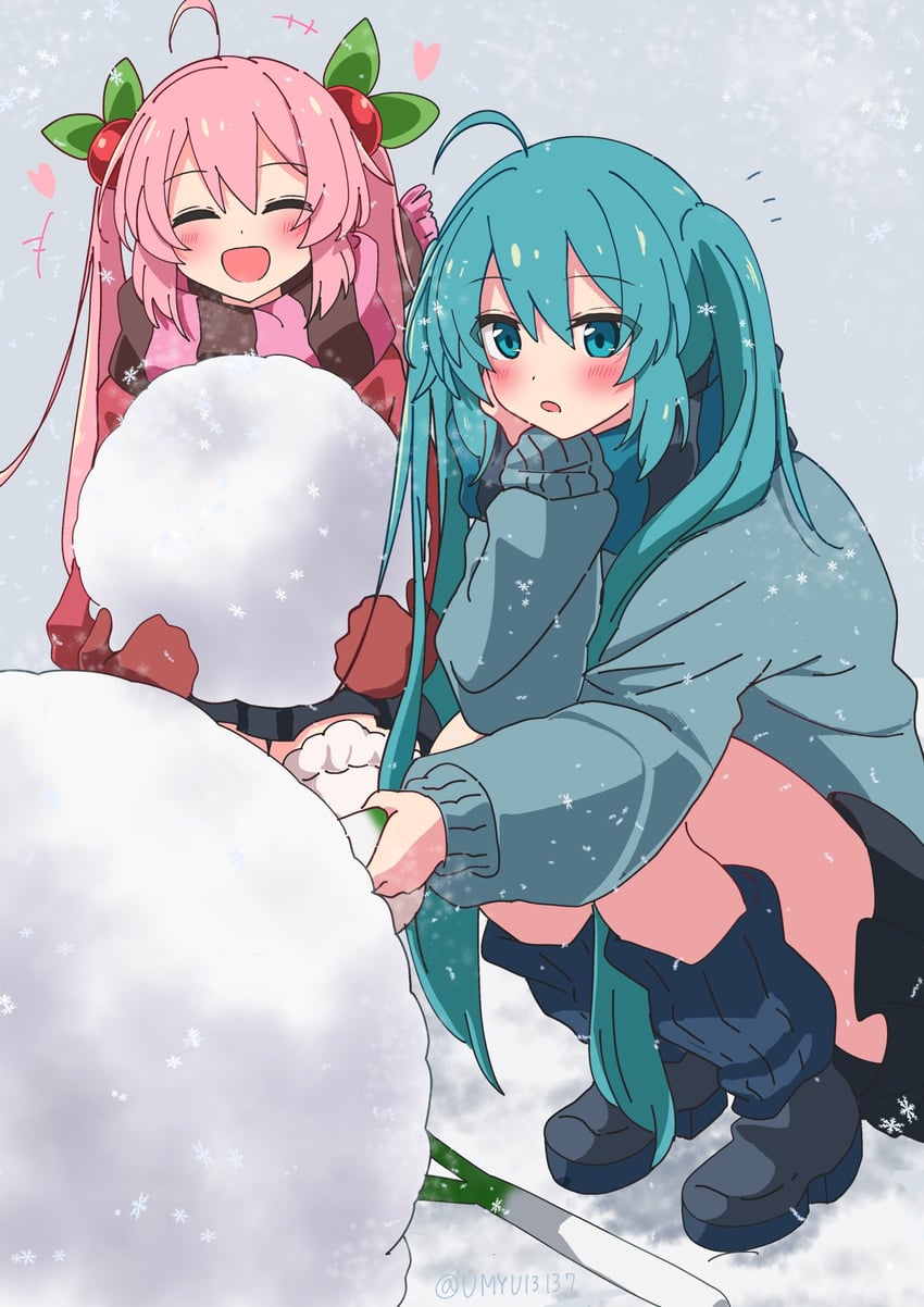 hatsune miku and sakura miku (vocaloid) drawn by oyu_(umyu13137)