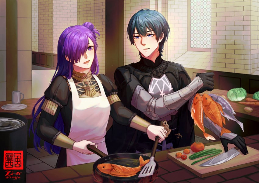 male byleth and female shez (fire emblem and 2 more) drawn by rezzyfa